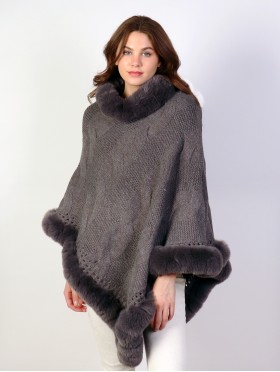 Solid Color Knitted Poncho W/ Fur Collar & Trim